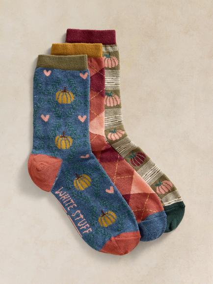 White Stuff Pumpkin Season Ankle Socks, Pack of 3, Multi, Multi