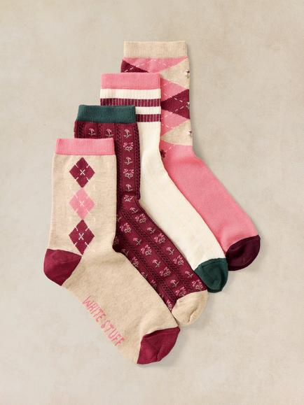 White Stuff Argyle Print Cotton Rich Socks, Pack of 4, Pink/Multi, Multi