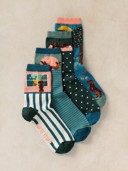 White Stuff Playful Sausage Ankle Socks, Pack of 4, Multi, Multi