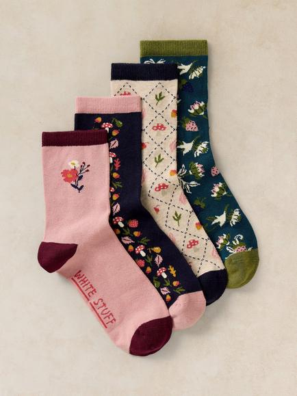 White Stuff Autumn Print Cotton Rich Socks, Pack of 4, Navy/Multi, Multi