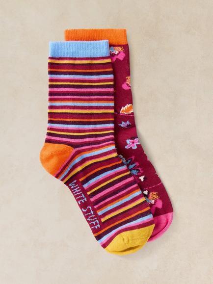 White Stuff Stripe Floral Ankle Socks, Pack of 2, Multi, Multi