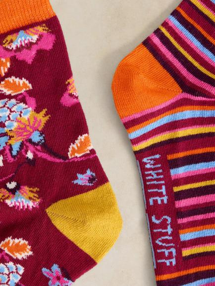 White Stuff Stripe Floral Ankle Socks, Pack of 2, Multi - view 2, Multi