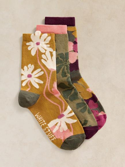 White Stuff Floral Ankle Socks, Pack of 3, Multi, Multi