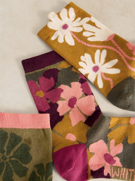 White Stuff Floral Ankle Socks, Pack of 3, Multi - view 2, Multi