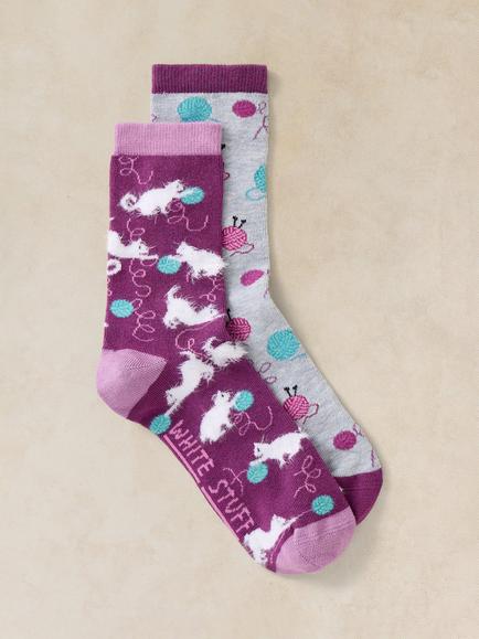 White Stuff Fluffy Cat Ankle Socks, Pack of 2, Multi, Multi