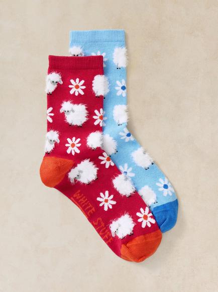 White Stuff Fluffy Sheep Ankle Socks, Pack of 2, Multi, Multi