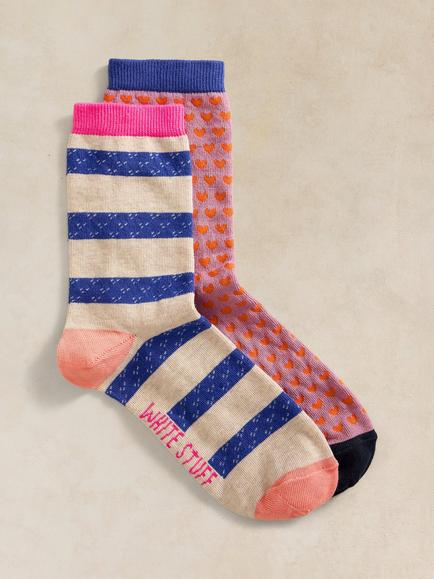 White Stuff Striped Heart Ankle Socks, Pack of 2, Multi, Multi