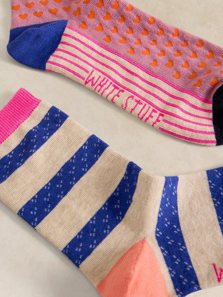 White Stuff Striped Heart Ankle Socks, Pack of 2, Multi - view 2, Multi