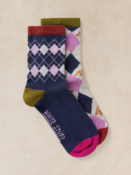 White Stuff Argyle Squirrel Ankle Socks, Pack of 2, Multi, Multi