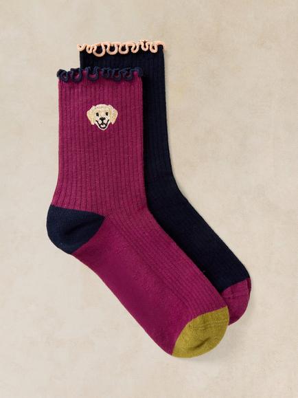 White Stuff Dog Embroidered Ankle Socks, Pack of 2, Multi, Multi