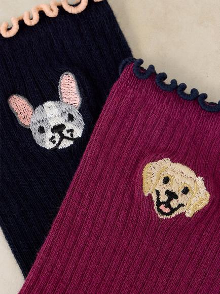 White Stuff Dog Embroidered Ankle Socks, Pack of 2, Multi - view 2, Multi