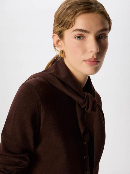 Whistles Crew Neck Scarf Cardigan, Chocolate - view 2, Chocolate