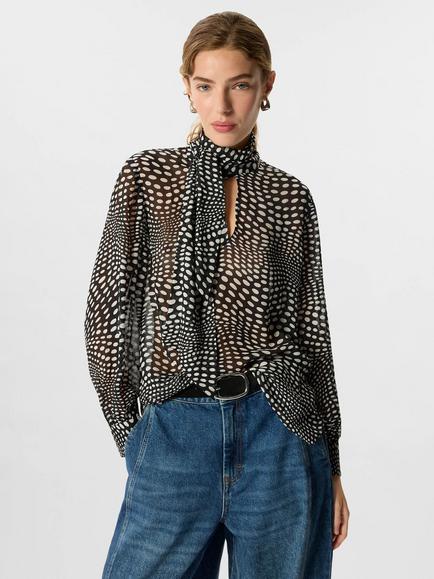 Whistles Mixed Spot Scarf Shirt, Black/White - view 2, Black/White