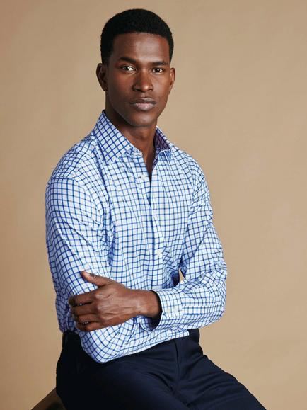 Charles Tyrwhitt Twill Check Slim Fit Shirt, White/Blue - view 2, White / Royal Blue