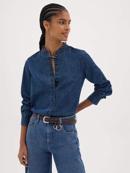 HUSH Aella Ruffle Cotton Shirt, Mid Wash