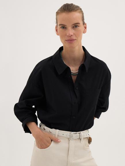 HUSH Aria Washed Cotton Shirt, Black, Black