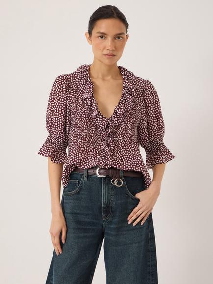HUSH Mirae Ruffle Blouse containing LENZING™ ECOVERO™ Viscose, Allover Dot Burgundy
