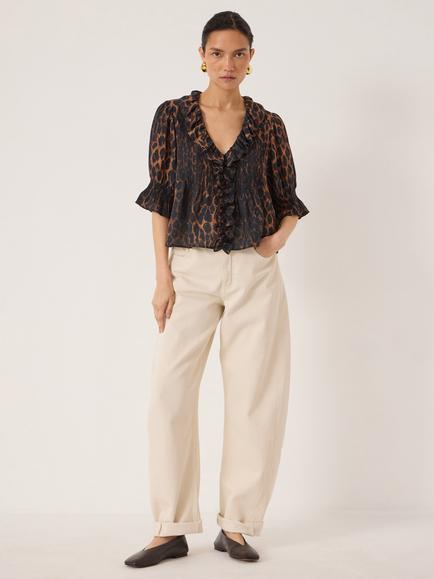 HUSH Mirae Ruffle Short Sleeve Textured Blouse containing LENZING™ ECOVERO™ Viscose, Natural Brown, Natural Brown