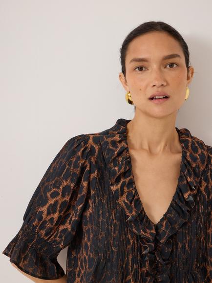 HUSH Mirae Ruffle Short Sleeve Textured Blouse containing LENZING™ ECOVERO™ Viscose, Natural Brown - view 2, Natural Brown