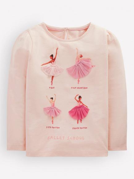 Mini Boden Kids' Puff Sleeve Ballerina Appliqué T-Shirt, Pink, Pink