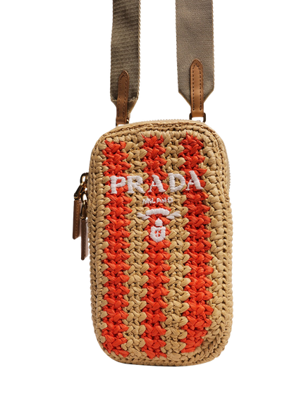 Pre-loved Prada Raffia Phone Case Bag, Orange/Beige - view 2, Orange/Beige