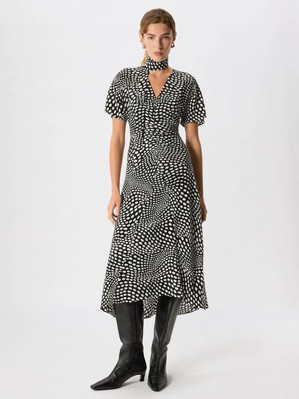 Whistles Mixed Spot V Neck Midi Dress, Black/White, Black/White