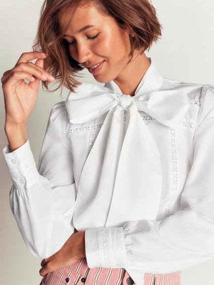Boden Clara Cotton Tie Neck Top, White, White