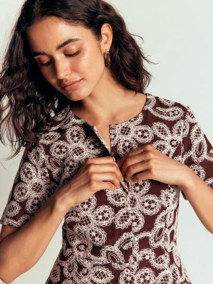 Boden Cotton Rich Embroidered Peplum Top, Bitter Chocolate - view 2, Bitter Chocolate