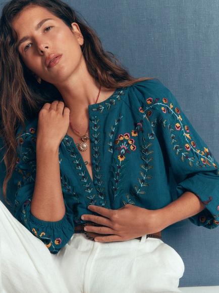 Boden Cotton Linen Blend Raglan Embroidered Top, Mid Blue, Mid Blue