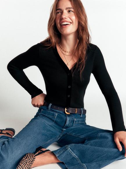 Boden Velvet Trimmed V-Neck Cotton Rich Jersey Top, Black - view 2, Black