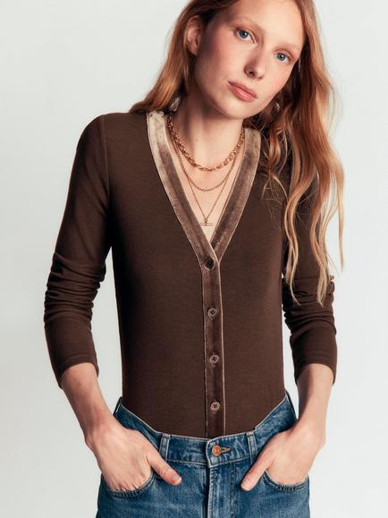 Boden Velvet Trimmed V-Neck Cotton Rich Jersey Top, Black, Bitter Chocolate