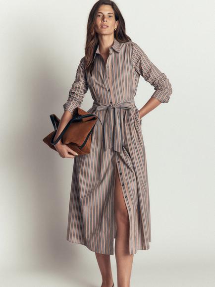 Boden Alexa Cotton Long Sleeve Stripe Midi Dress, Camel/Navy, Camel/Navy
