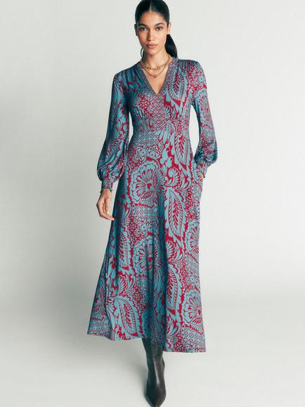 Boden Georgia Floral Fit and Flare Midi Dress containing LENZING™ ECOVERO™ Viscose, Blue, Blue