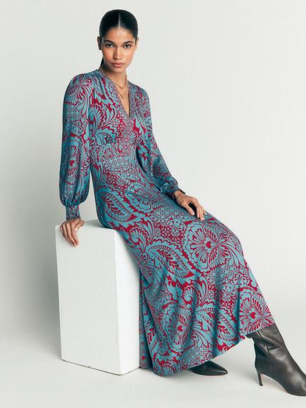 Boden Georgia Floral Fit and Flare Midi Dress containing LENZING™ ECOVERO™ Viscose, Blue - view 2, Blue
