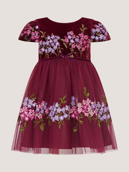 Monsoon Baby Ruby Embroidered Velvet and Tulle Party Dress, Burgundy - view 2, Burgundy
