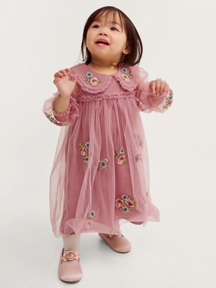 Monsoon Baby Embroidered Floral Mesh Dress, Pink, Pink
