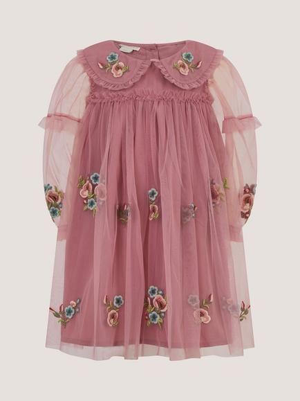 Monsoon Baby Embroidered Floral Mesh Dress, Pink - view 2, Pink