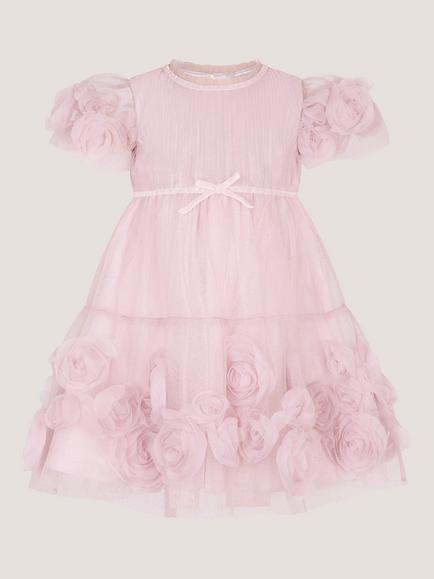 Monsoon Baby Remi Puff Sleeve Glitter Mesh 3D Rose Dress, Pink, Pink