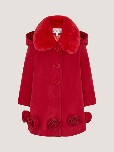 Monsoon Baby Hooded Rosette Coat, Red, Red