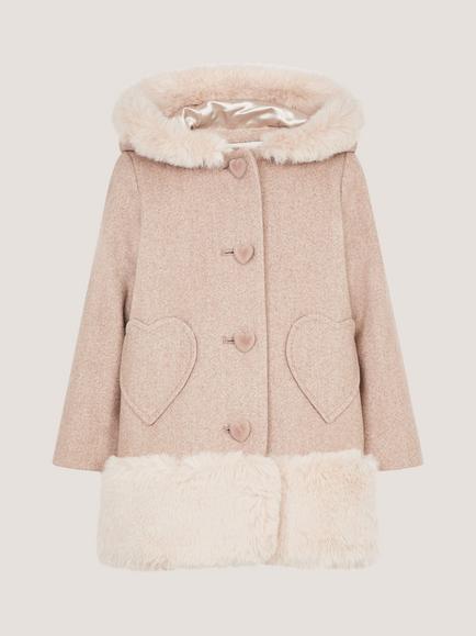 Monsoon Baby Faux-Fur Heart Button Coat, Oatmeal, Oatmeal