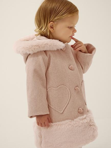Monsoon Baby Faux-Fur Heart Button Coat, Oatmeal - view 2, Oatmeal