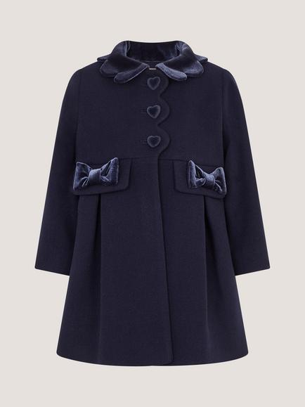 Monsoon Baby Velour Scallop Collar Coat, Navy, Navy