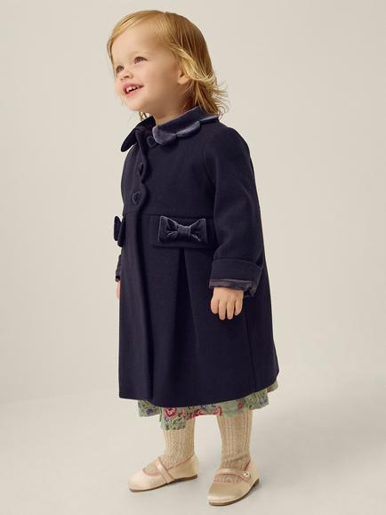 Monsoon Baby Velour Scallop Collar Coat, Navy - view 2, Navy