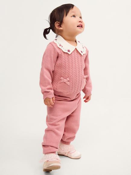 Monsoon Baby Cable Knit Jumper and Joggers Set, Pink - view 2, Pink