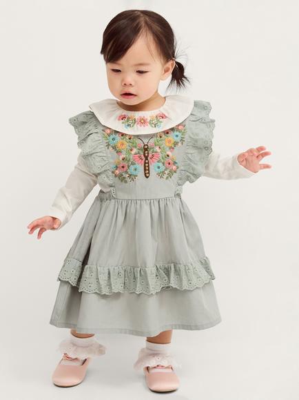 Monsoon Baby Embroidered Pinafore Dress Set, Green, Green