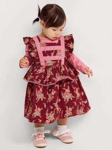 Monsoon Baby Floral Corduroy Pinafore Dress Set, Burgundy, Burgundy