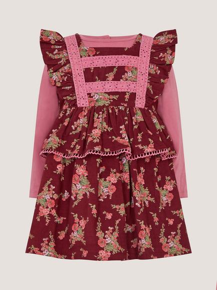 Monsoon Baby Floral Corduroy Pinafore Dress Set, Burgundy - view 2, Burgundy
