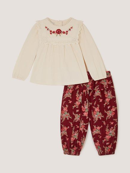 Monsoon Baby Embroidered Top and Trouser Set, Cream, Cream