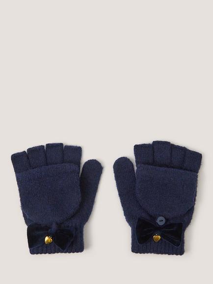 Monsoon Kids' Velvet Bow Fingerless Gloves, Navy, Navy