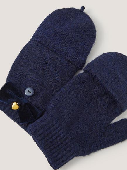 Monsoon Kids' Velvet Bow Fingerless Gloves, Navy - view 2, Navy
